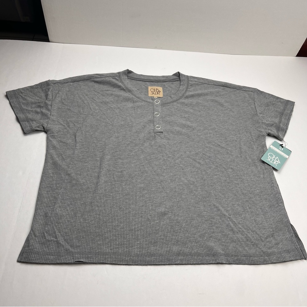 Chaser Womens Size 1X Grey Gray Boxy Short Sleeve Ribbed Henley Top Shirt NEW